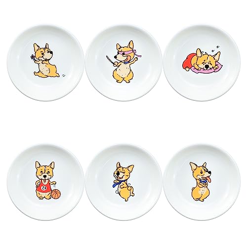 Bicuzat Cute Cartoon Animals Pattern Ceramic Sauce Dishes, Seasoning Dishes, Sushi Soy Dipping Bowls, Appetizer Plates, Dessert Plates, Little Cat Bird Feeding Bowls, Set of 6-Cute Corgi-3.5 Inch