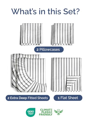 Image of Extra Deep Split King Sheet Set - 7 Piece Cooling Bed Sheets - Grey Stripes | Hotel Luxury Bed Sheets Set, Easy & Secure Fit, Ultra-Soft, Wrinkle & Fade Free, Comfy Sheets Set with Extra Deep Pockets