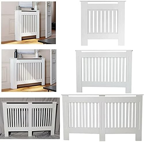 DayPlus Radiator Covers White Tall Slatted Shelf Cabinet MDF Modern Painted Cabinet Living Room Furniture Heating Grill Wall Radiator Cover Traditional Heater Small-H 82 x W 78x D 19 Cm