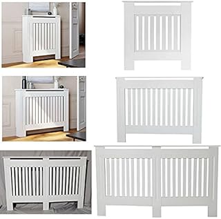 DayPlus Radiator Covers White Tall Slatted Shelf Cabinet MDF Modern Painted Cabinet Living Room Furniture Heating Grill Wall Radiator Cover Traditional Heater Small-H 82 x W 78x D 19 Cm
