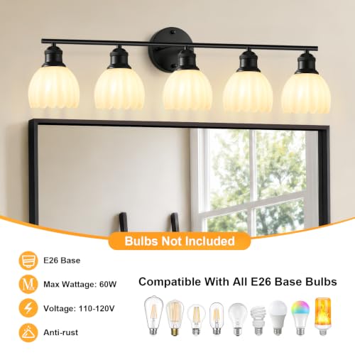 Image of Bathroom Light Fixtures, 5-Light Brushed Black Vanity Lights for Bathroom with White Tulip Glass Shade, 30 inch Vintage Bathroom Vanity Lighting Fixtures Over Mirror for Bedroom Living Room Hallway