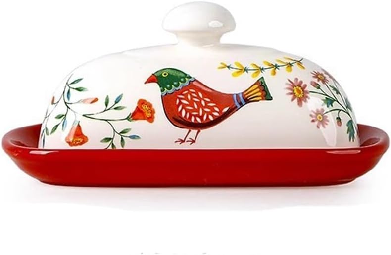 Butter Dishes American Butter Box Creative Ceramic Dish with Lid Small Tray Dessert Dish Underglaze Color Oval Dish Butter Storage(Red)