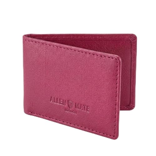 ALLEN & MATE 100% Leather Travel Card Holder - Slim Minimalist Wallet for Travel Bus Pass ID License Oyster Card for Men & Women, Rose Red, Premium Holder, Minimalist