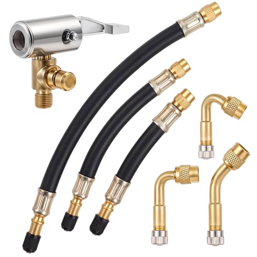 Image of Brass Tire Valve Extension, 7 Pack Universal Flexible Tire Valve Extenders with 45 /90 / 135Angles and Tires Inflator Hose Adapter Tires Valves Extension Adaptor for Various Models