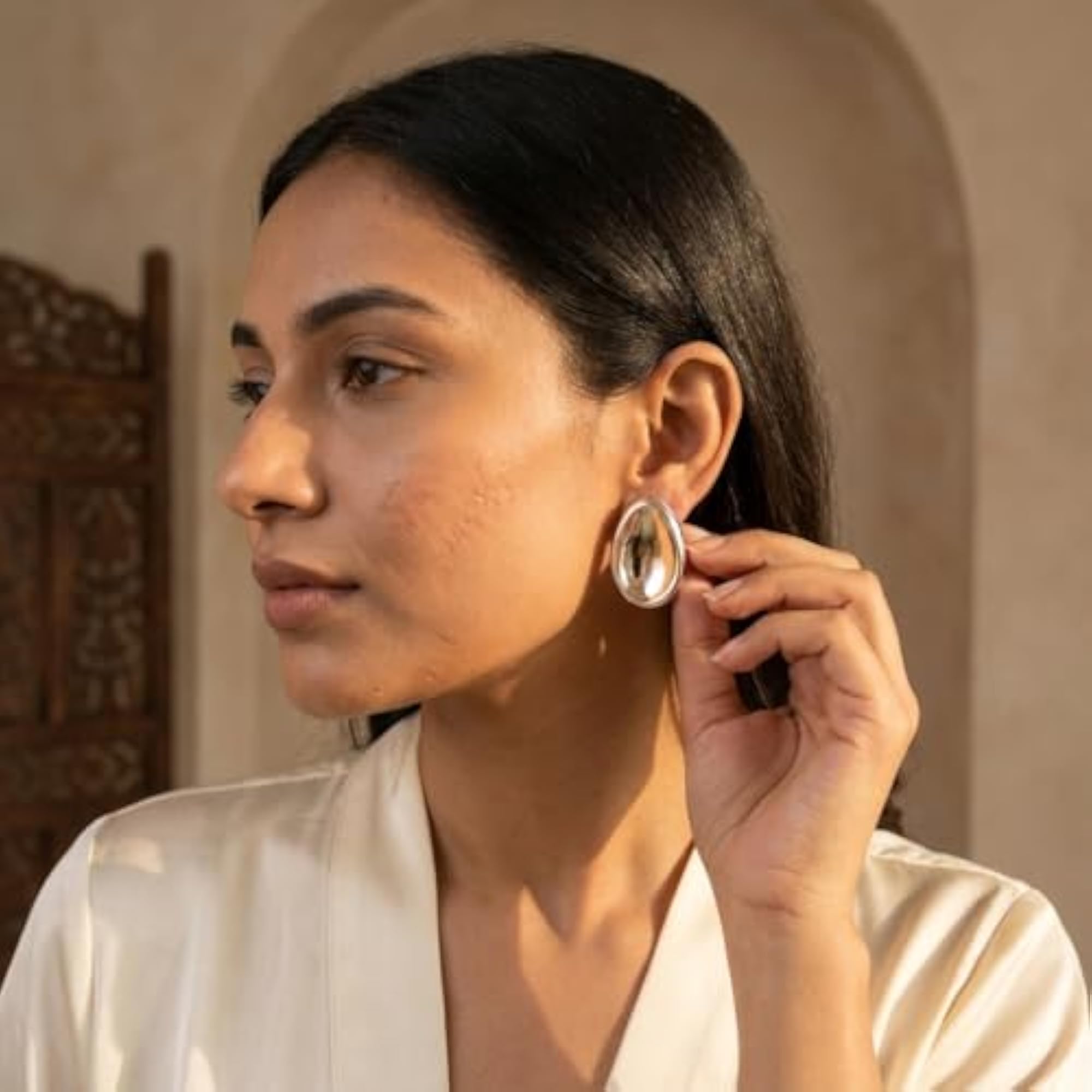 Silver Tone Oval Statement Stud Earrings, Modern