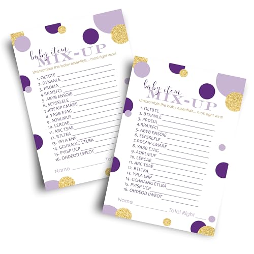 Paper Clever Party Purple and Gold Baby Shower Games - Word Scramble Game for Girls or Boys - Fun Gender Reveal Activity with Prizes - Prince or Princess Theme - 25 Pack, Royal Mermaid Design