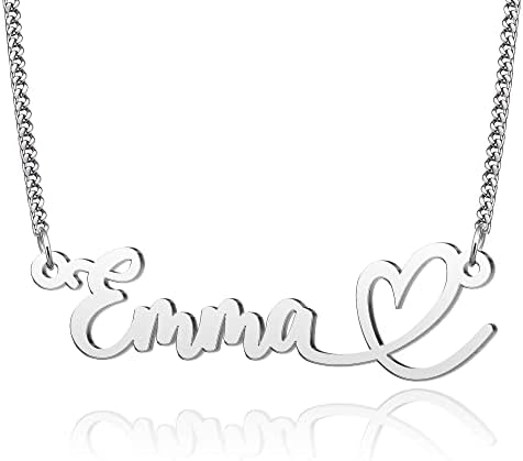 MiWangLing Emma Heart Name Necklace Personalized Initial Stainless Steel Pendant Jewelry Curb Chain 18"