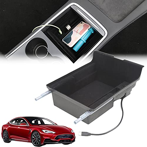 Consoles Tesla Modèle 3 Y 2022 Central Accoudoir Rangement Boîte Nouveau Ajout USB Type C Hub Ports Pour Tesla Modèle 3 2021 Accessoires Center Console Flocage Organisateur Conteneur (ABS Floquage) Cover