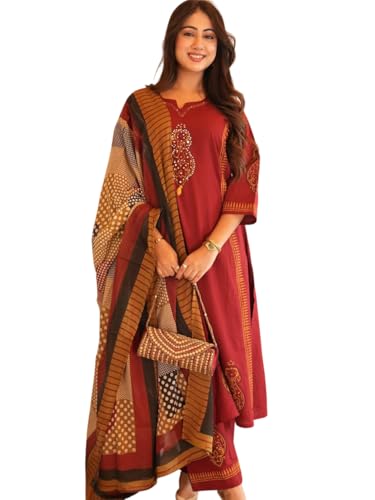 Image of Red Cotton Suit with Embroidered Design and Printed Dupatta, Traditional Indian Ethnic Wear for Women