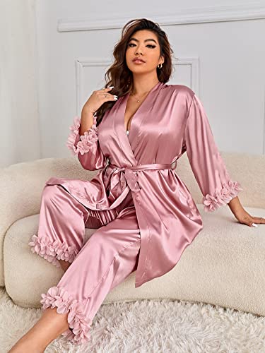 Wdirara Women's Plus 3 Piece Silk Pajamas Cami Top And Pants Set With Belted Silk Robe Dusty Pink 3Xl #TOP4