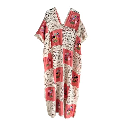 Caftan Boho fait main au crochet floral pour femme en rose corail et beige