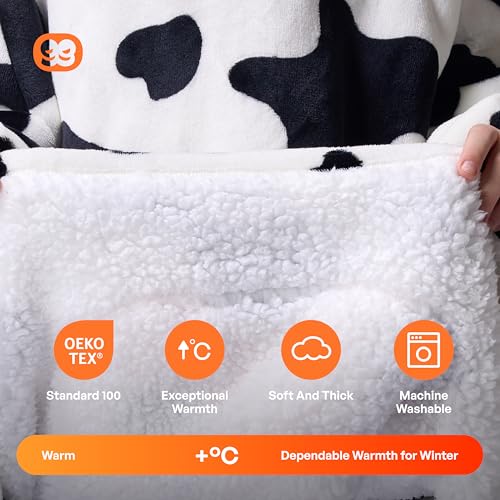 Image of Giggling Getup Wearable Blanket Hoodie for Girls and Boys Sherpa Fleece Hooded Blanket Sweatshirt Warm Cozy Sherpa Wearable Throw Oversized Hoodie with Giant Pocket & Sleeves for Kids Cow