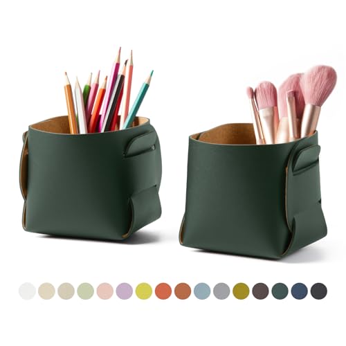 HOMIEAZICOZI 2-Pack Cork Leather Desk Accessories Storage - Pencil Pen Holder - Makeup Brush Holder Organizer - Stylish Addition to Home Decor (Dark Green)