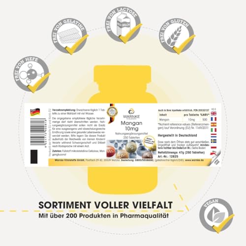 Mangan 10mg - 250 Tabletten - schluckfreundlich - 10mg Mangan pro Tablette - Mangangluconat - HOCHDOSIERT - Deutsche Apothekenqualität - vegan | Warnke Vitalstoffe