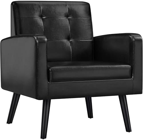 Yaheetech Mid-Century Accent Chairs, PU Leather Modern Upholstered Living Room Chair, Cozy Armchair Button Tufted Back and Wood Legs for Bedroom/Office/Cafe Black