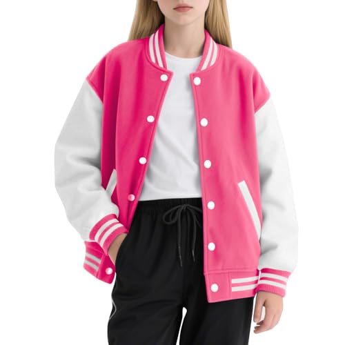 Yousie Girls Varsity Jacket Size 10 Kids Rose Pink Fleece Lightweight Jacket Rose Pink with Pockets Size 9-10
