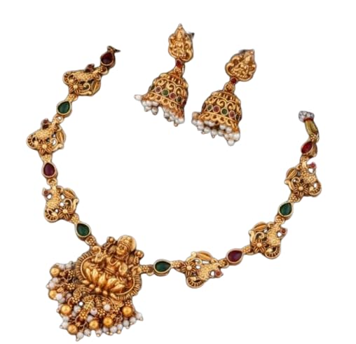 Traditional Temple Jewellery Set for Women | Antique Gold Plated Lakshmi Necklace Set with Matching Jhumka Earrings | Red Green Stone & Pearl Beads | Bridal Wedding Festive Jewellery-image-35