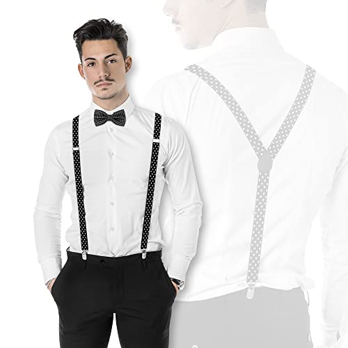 Uleemark Black Suspenders Men Adjustable Buckle With Strong Clip Black Bow Tie,Elastic Y Shape Polka Dots Bow Tie And Suspenders For Wedding #TOP1