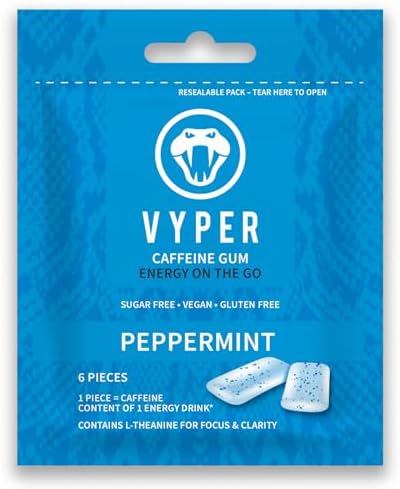 Vyper Caffeine Gum Peppermint 1 Packet of 6 Pieces | Caffeine Chewing Gum with L-Theanine | Sugar-Free | Vegan | Gluten Free