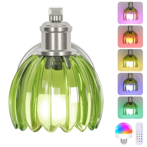 Image of VerRon Rechargeable Battery Operated Wall Sconce with Green Glass Lampshade, Wireless Wall Scone Decor with Remote Control, 15 Colors Brushed Nickle Wall Light for Bedside Hallway Bedroom Doorway