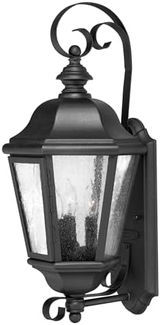 Hinkley Edgewater Medium Wall Mount Outdoor Lantern, 3 LED Bulbs Included, Aluminum, Clear Seedy Glass, Traditional, Black Finish