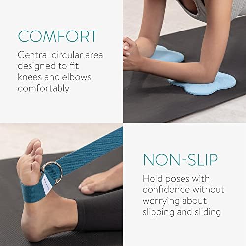 Navaris Yoga Knee Pads (Set of 2 with Yoga Strap) - Knee Pads for Yoga Exercises Soft Knee Pad Cushion Pair to Support Kneeling, Wrist, Elbow - Blue