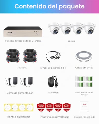 Miniatura 7 de Zosi 5mp Lite Kit De Cámaras Vigilancia Exterior 8ch H.265 Grabador Dvr Con 4 1080p Cámara De Seguridad Impermeable, Sin Disco Duro, 20m Visión Nocturna, P2p