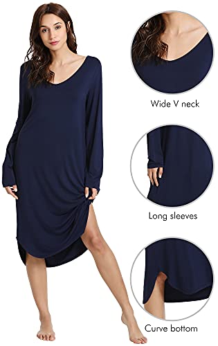 Wiwi Bamboo Nightgowns For Women Soft Long Sleeve Sleep Shirt Comfy Nightshirts Sleepwear Plus Size Pajamas S-4X, Navy, X-Large #TOP3