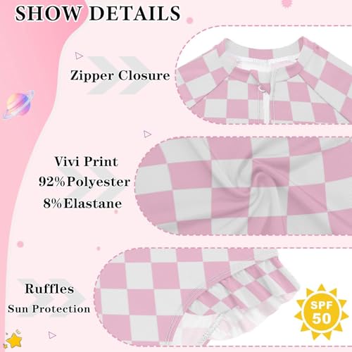 Image of CaTaKu Girls Rash Guard Swimsuit Long Sleeve One Piece Bathing Suit UPF 50+ Toddler Kids Zipper Ruffle Swimwear 3-12Y