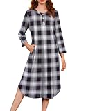 Ekouaer Women's Plaid Flannel Nightgowns Full Length Sleep Shirts Casual Button Up Lounger Dress with Pockets Black Plaid XLarge