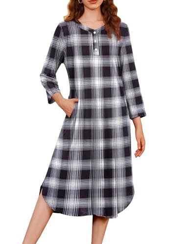 Ekouaer Women's Plaid Flannel Nightgowns Full Length Sleep Shirts Casual Button Up Lounger Dress with Pockets Black Plaid XLarge