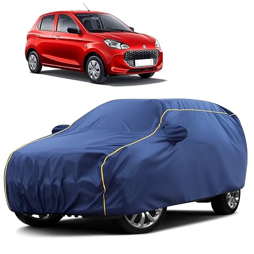 Image of Sulfar 100% Water Resistant Car Body Cover Compatible with Mirror for Maruti Suzuki Alto K10 (Triple Stitched, Full Bottom Elastic, Blue Taffeta with Yellow Piping)