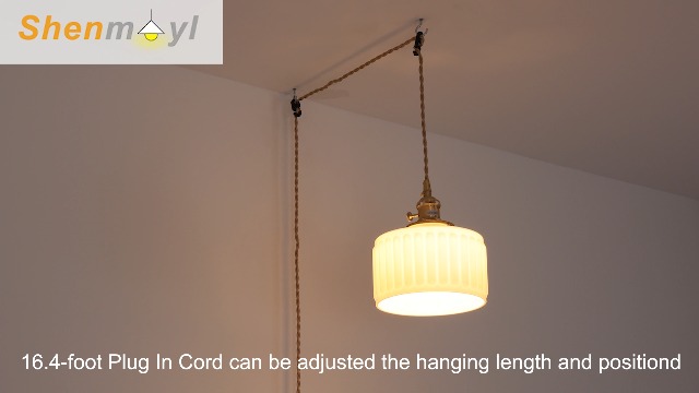 Image of Shenmoyl Plug in Pendant Light Hanging Light Fixtures with Plugin Cord On /Off Switch,White Striped Glass Lampshade Brass Pendant Light