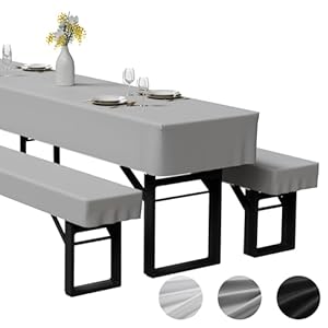 Zdada 3-teilige Bierzeltgarnitur Auflage, Enthält 2 Bierbank Hussen und 1 Biertisch Husse aus Polyestermaterial, Waschbar und Fixierbar Bierzeltgarnitur Hussen, für Bankette im Freien（Grau, 220x50cm）