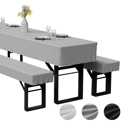Zdada 3-teilige Bierzeltgarnitur Auflage, Enthält 2 Bierbank Hussen und 1 Biertisch Husse aus Polyestermaterial, Waschbar und Fixierbar Bierzeltgarnitur Hussen, für Bankette im Freien（Grau, 220x70cm）