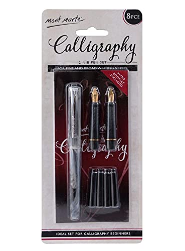 Mont Marte 2 Nib Calligraphy Set, 8 Piece. Includes 1 Calligraphy Pen, 2 Calligraphy Nibs, 4 Black Ink Cartridges and an Instruction Booklet with Practice Sheets.