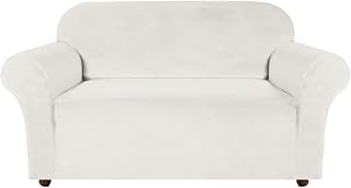 Turquoize Velvet Loveseat Covers Stretch Love Seat Couch Covers for 2 Cushion Couch Velvet Sofa Cover with Non Slip Elastic Bottom Furniture Cover Crafted from Soft Fabric (Loveseat, Porcelain White)