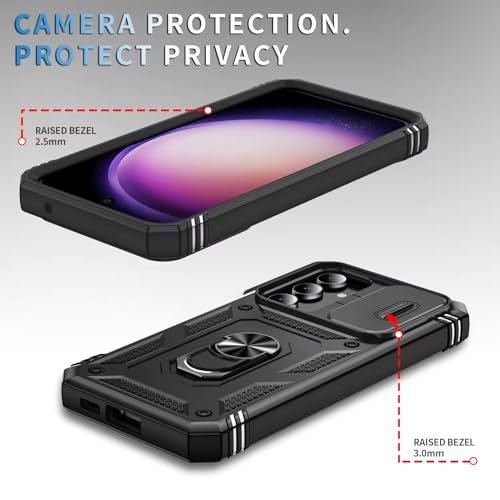 Image of Scalebee Back Cover for Samsung Galaxy S24 5G Heavy Duty Armor Slide Camera Cover Built-in Rotated Ring Kickstand Rugged (Black)