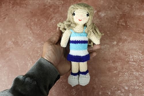 Image of Sutra Handmade Crochet Doll in Blue Dress | Wool Amigurumi Plush Toy | Soft & Safe Handmade Gift for Kids, Nursery & Home Decor