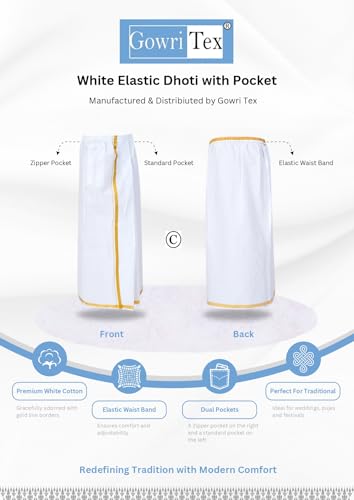Image of Gowri Tex 100% Pure Cotton White Elastic Dhoti With Gold Border Dual Packet Pack Of 1 - Free Size