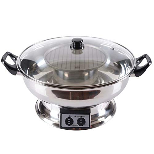 BBQ Hot Pot Ylytg Hot Pot,Kitchen Casserole Soup Cooking Tool,2 Grid 2 Taste Multi-Function Stainless Steel Hot Pot,With Glass Lid (1350W)