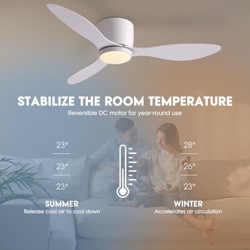 LUDOMIDE Ceiling Fans with Lights,42 Inch Low Profile Ceiling Fan with Wall Control and Remote Control,Dimmable,Flush Mount Ceiling Fan with Noiseless DC Reversible Motor for Bedroom Indoor Use thumbnail 6