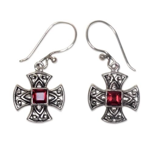 NOVICA Artisan Handcrafted Garnet Dangle Earrings Balinese Silver Cross with Sterling Red Indonesia Birthstone [1.3 in L x 0.6 in W x 0.2 in D] ' Cross Pattee' - Main Image