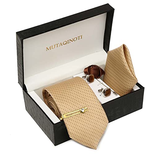 Image of MUTAQINOTI Mens Woven Premium Silk Necktie Suit Accessories Set With Pocket Square Cufflinks Brooch Golden Tie Pin (TEGP2)