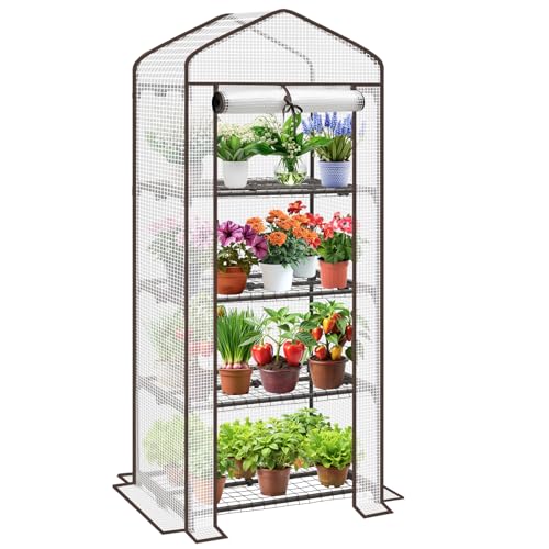 Sekey Mini Tomatengewächshaus mit 4 Regalböden, Folie Gewächshaus Klein Tomatenhaus Balkon Garten, Kleines Foliengewächshaus Stabil 160*70*50 cm, Weiß