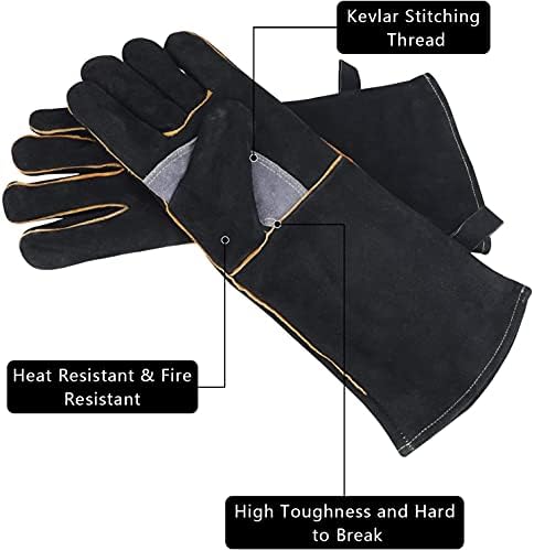 Heat Resistant Gloves, Thicken BBQ Gloves Welding Gloves, Leather Heat Proof Gloves with Kevlar Stitching, Cut-proof Labor Fire Oven Work Gloves for Fireplace, Stove, Oven, Grill, Welding, BBQ, Mig