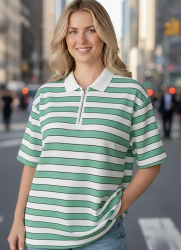 Image of Mack Jonney Women's Striped Polo T-Shirt | Half Zip Collar | Half Sleeve Cotton Casual Top | Relaxed Fit-M7496