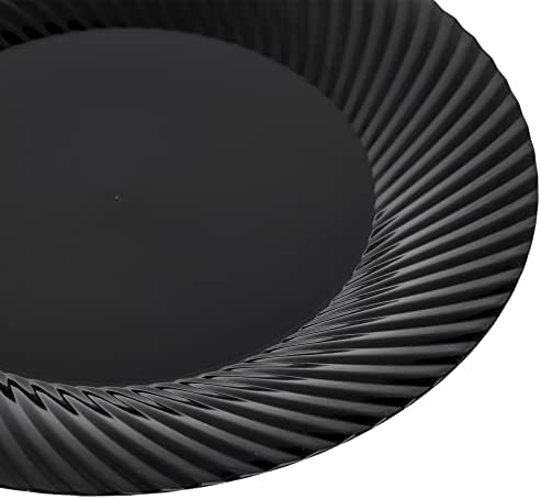 STACKABLES ~ Pack of 20 Hard Lightweight Plastic Plates ~ 10" Elegant Reusable Dinner Plates ~ Plastic Serving Plates ~ Black Plate with Seashell Rim