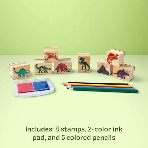 Melissa & Doug - Juego de Sellos de Dinosaurios, Sellos Infantiles de Madera: Dinosaurios, Volcán + Tinta y Lápices de Colores - 6074862 - Manualidades Niños - Regalo Niño 4 años + - Certificados FSC