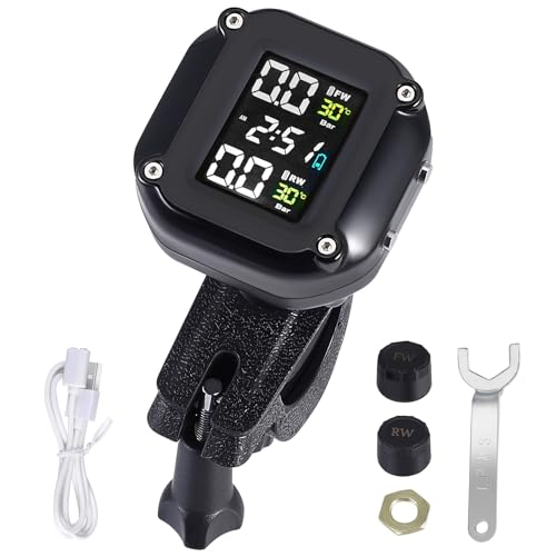 Motorcycle TPMS Tyre Pressure Monitoring System, Wireless Tire Pressure Sensor, Alarm Tire Pressure and Temp Real Time, LCD Display & 2 External Sensors, Magnetic USB Charging